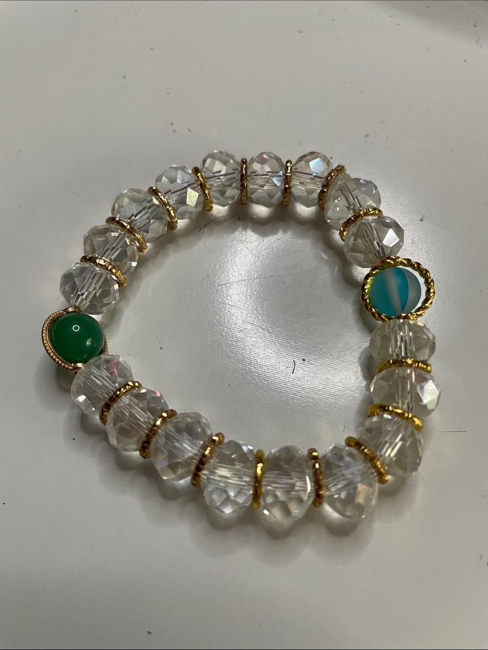 Crystal Bead Stretch Bracelet with Green and Blue Accent Beads